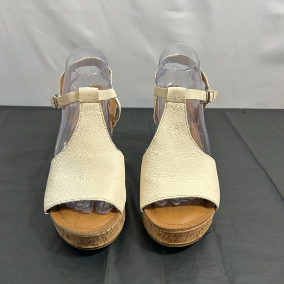 Franco Sarto Clinton cream leather t-strap cork wedge sandals 9M - Picture 2 of 7